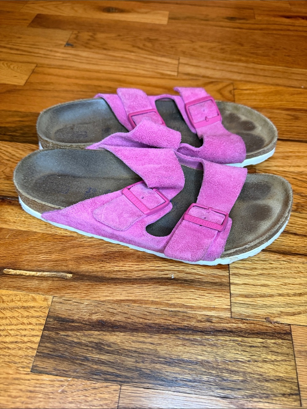 Birkenstock Pink Suede Two-Strap Slide Sandals with Buckles - Picture 2 of 4